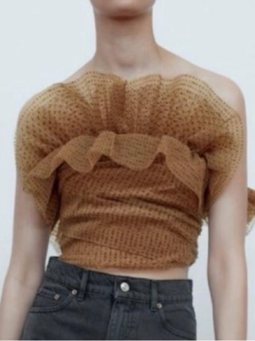 Zara Tan Strapless Ruffle Mesh Crop Top